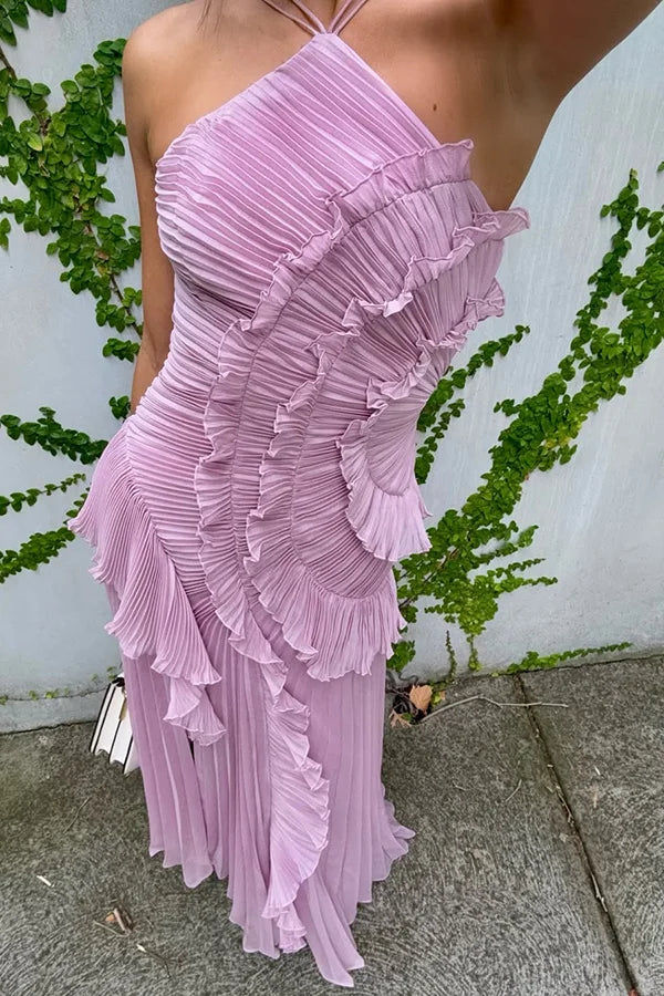 Kleid Hochzeitsgast Damen | Maxi mit Neckholder & Plissee-Rüschen