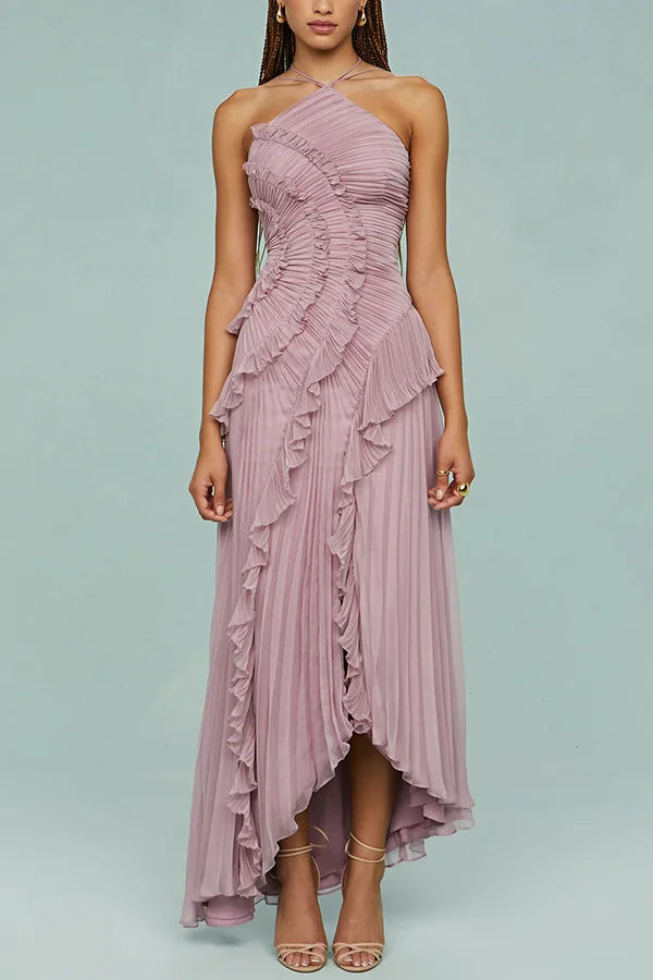 Kleid Hochzeitsgast Damen | Maxi mit Neckholder & Plissee-Rüschen