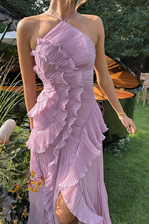 Kleid Hochzeitsgast Damen | Maxi mit Neckholder & Plissee-Rüschen