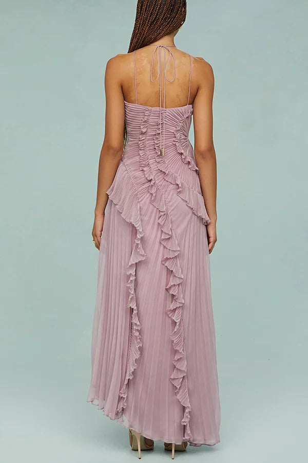 Kleid Hochzeitsgast Damen | Maxi mit Neckholder & Plissee-Rüschen