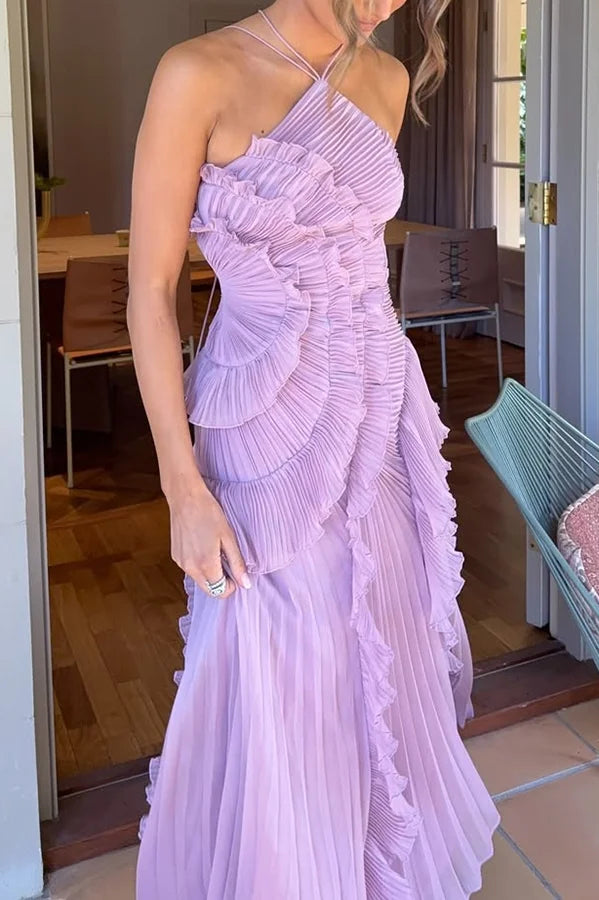 Kleid Hochzeitsgast Damen | Maxi mit Neckholder & Plissee-Rüschen