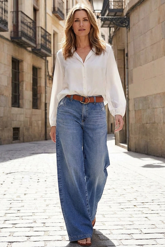 Jeans Damen High Waist mit weitem Bein & Ziernaht