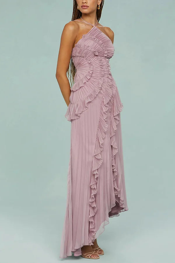 Kleid Hochzeitsgast Damen | Maxi mit Neckholder & Plissee-Rüschen