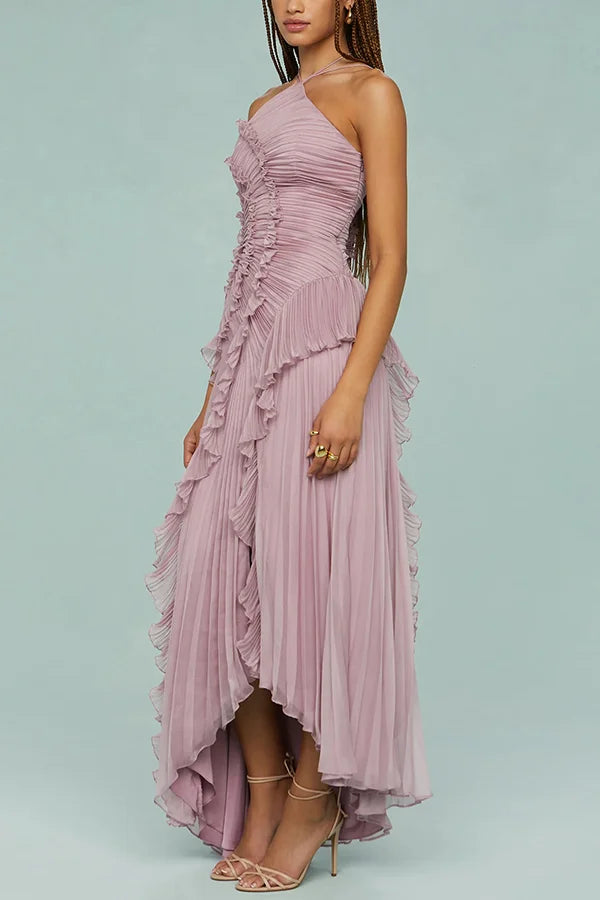 Kleid Hochzeitsgast Damen | Maxi mit Neckholder & Plissee-Rüschen