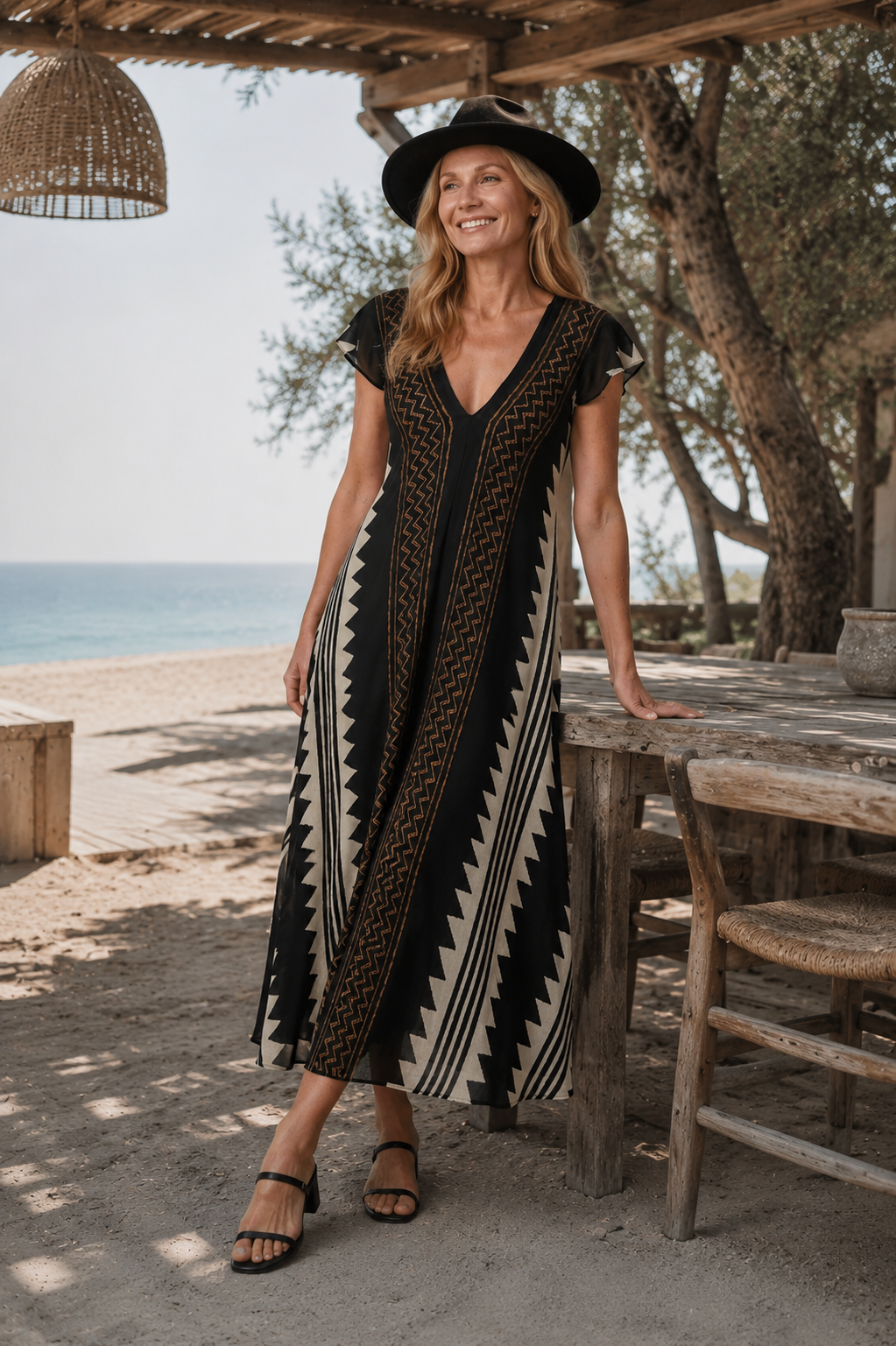 Sommerkleid Damen | Maxi mit geometrischem Muster & V-Ausschnitt