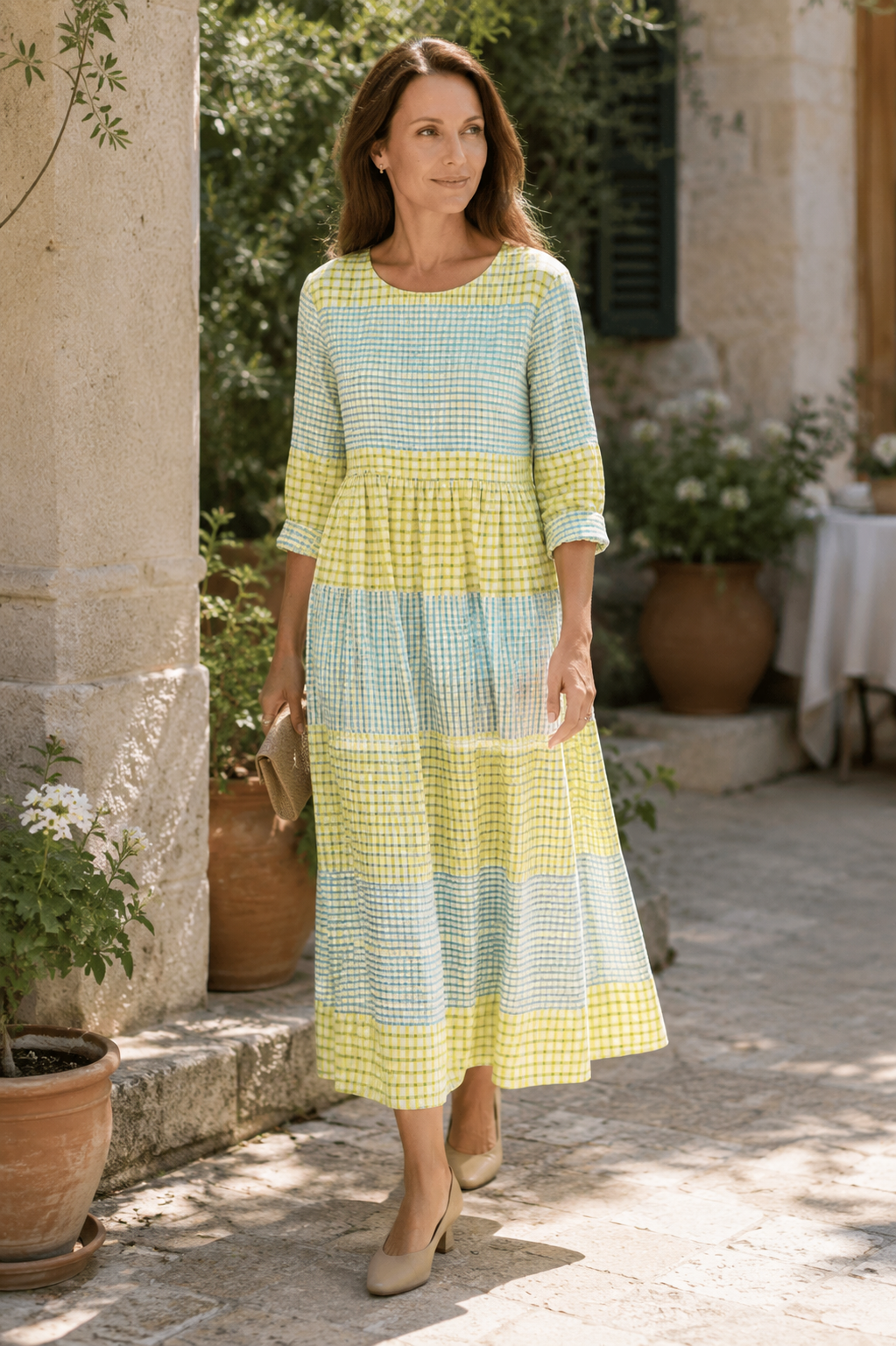 Sommerkleider Damen | Maxi mit Rüschenrock & Karomuster