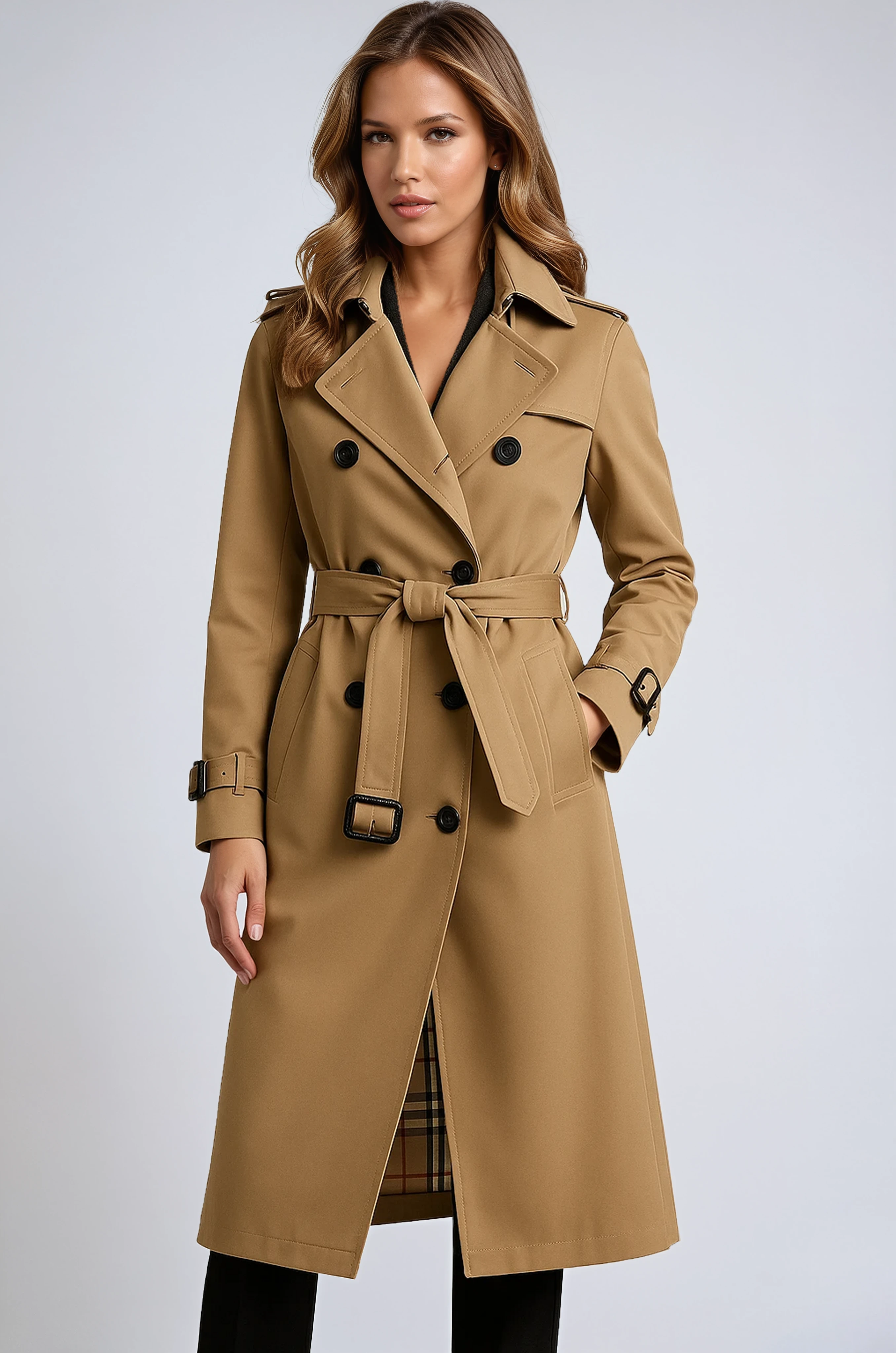 Trenchcoat Damen | Langer Mantel mit Gürtel und Doppelknopfleiste