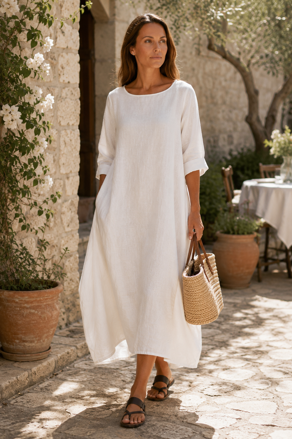 Sommerkleid Damen | Maxi mit Leinenstruktur & 3/4-Arm