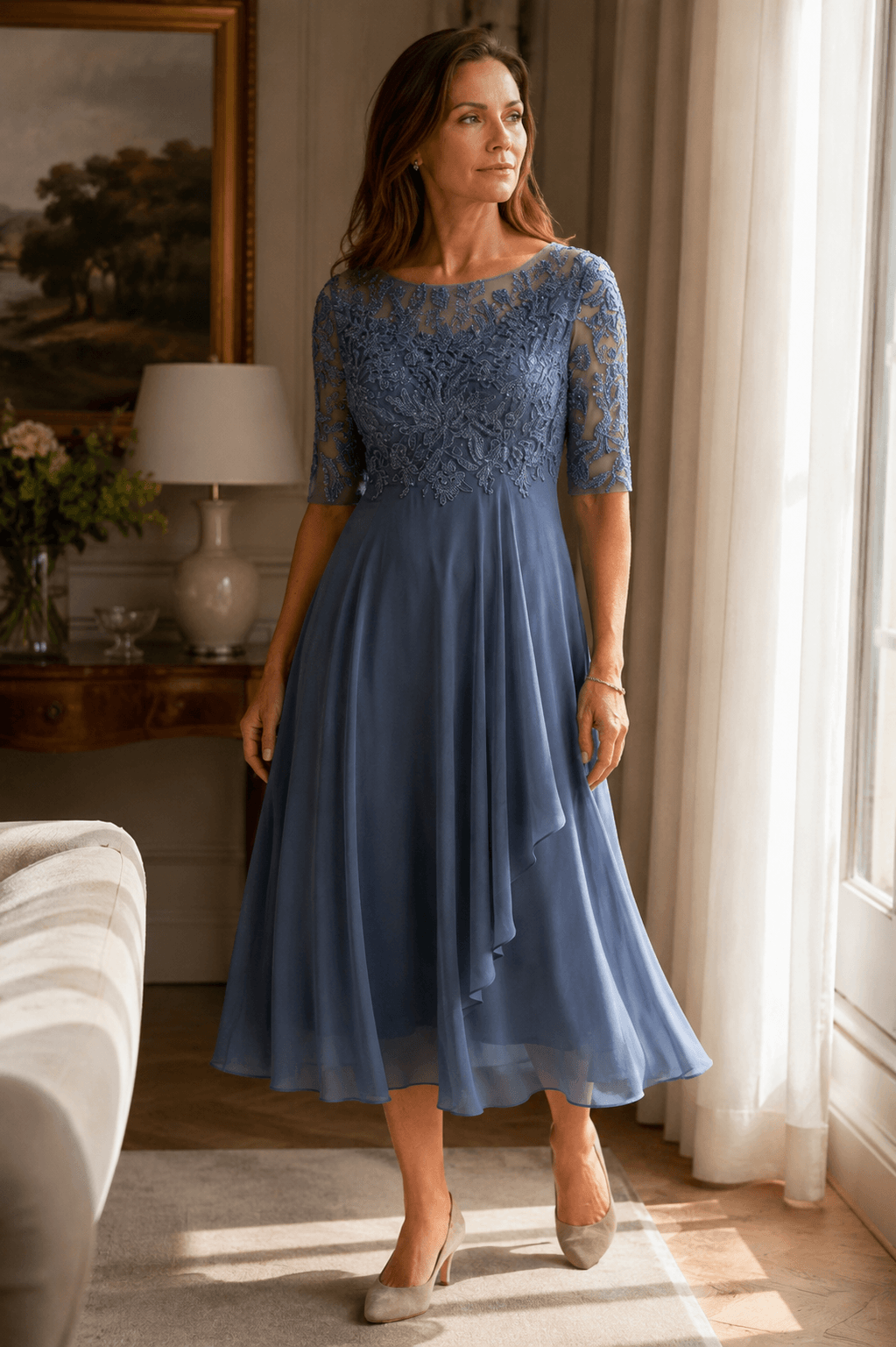Kleid Hochzeitsgast Damen | Midi mit Spitzenoberteil & 3/4-Arm