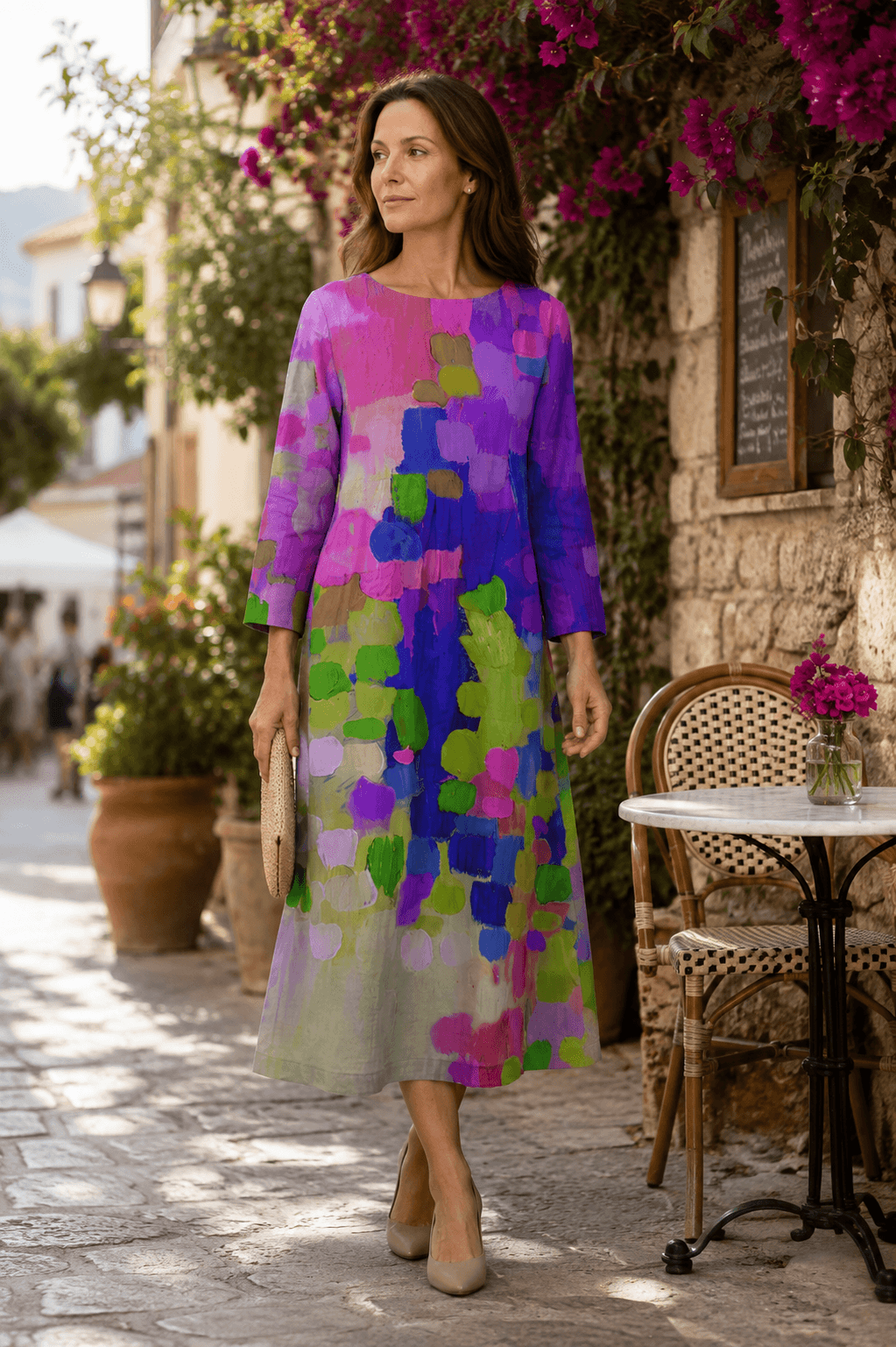 Sommerkleid Damen | Maxi mit aquarellem Print & 3/4-Arm