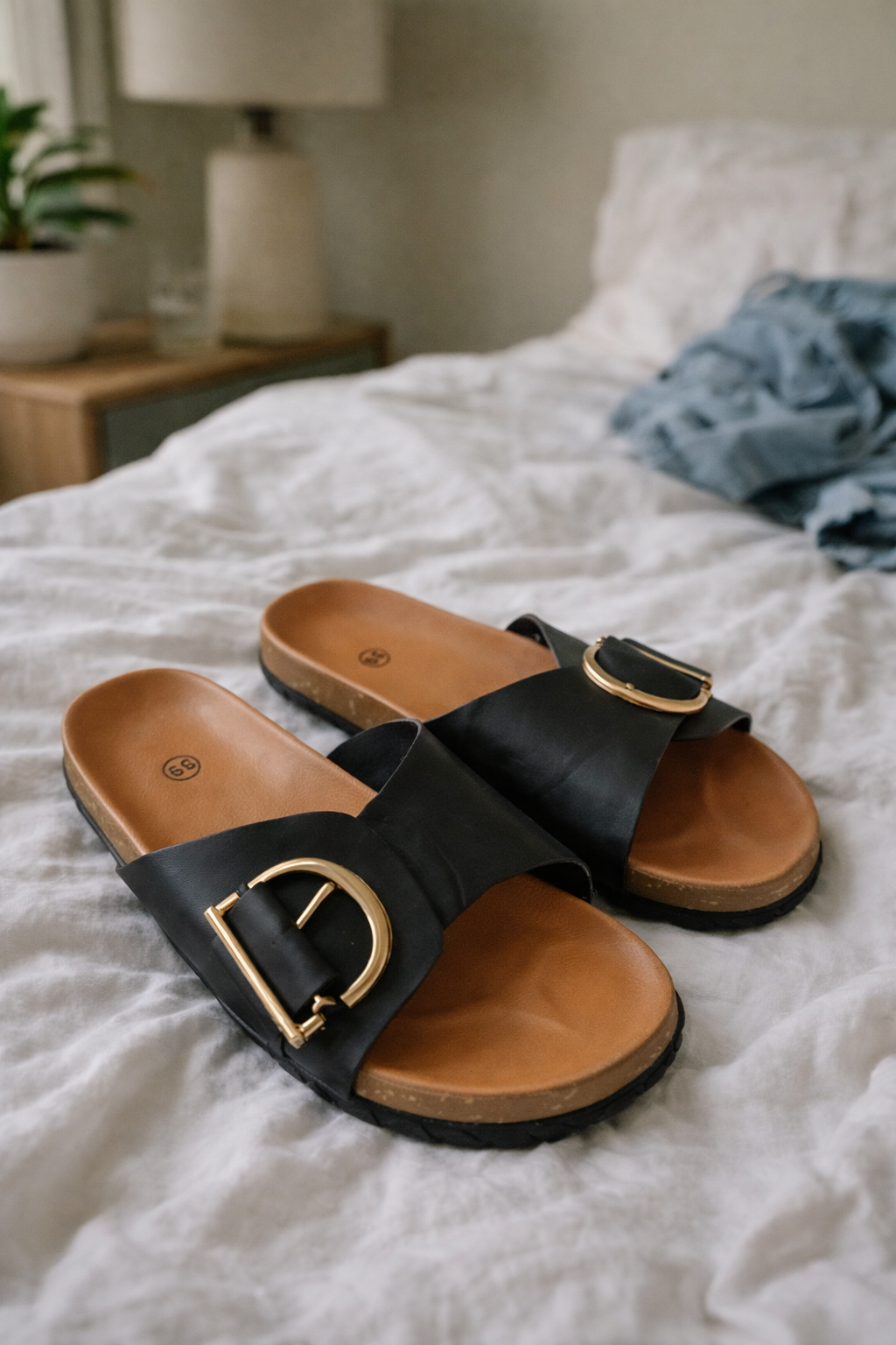 Sandalen Damen Pantoletten | Goldener Schnalle & Korksohlen