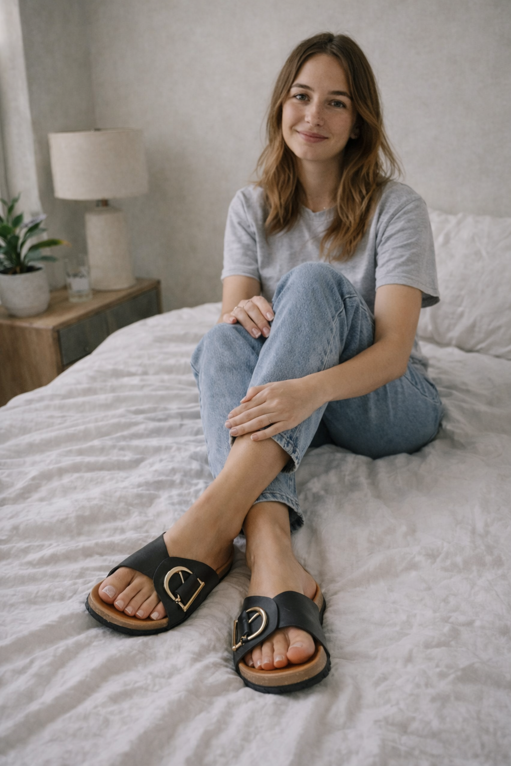 Sandalen Damen Pantoletten | Goldener Schnalle & Korksohlen