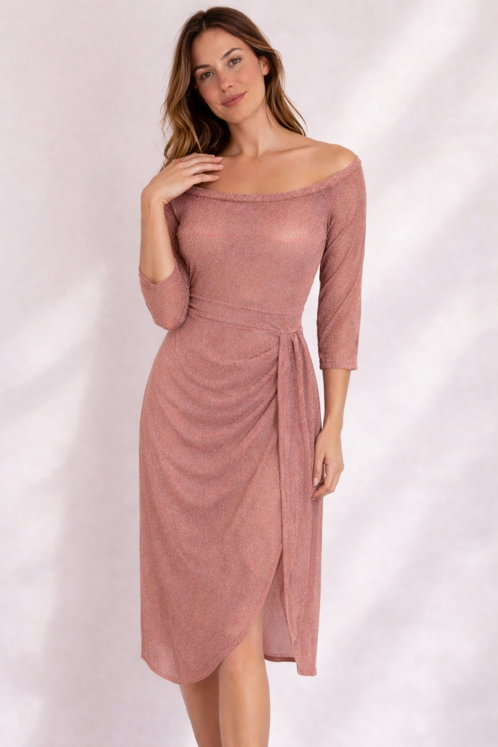 Kleid Hochzeitsgast Damen Midikleid | Off-Shoulder mit Glitzer & 3/4-Ärmeln