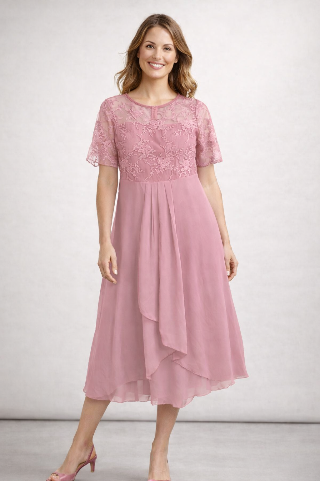 Kleid Hochzeitsgast Damen Midikleid | Spitzenoberteil, kurzen Ärmeln & gestuftem Rock