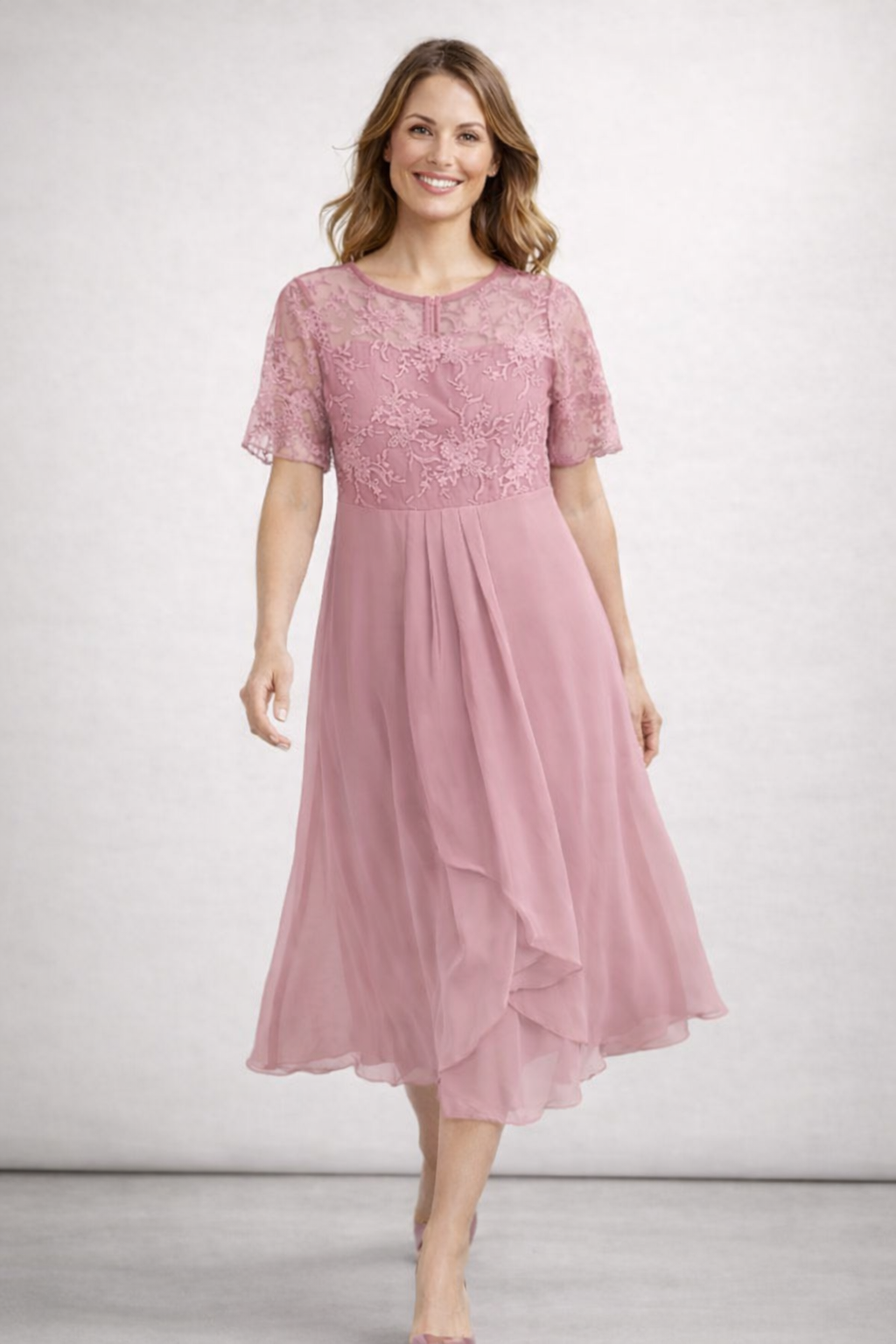 Kleid Hochzeitsgast Damen Midikleid | Spitzenoberteil, kurzen Ärmeln & gestuftem Rock