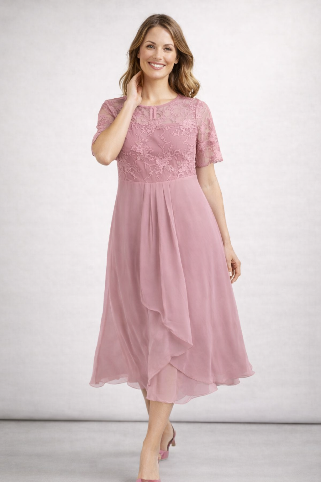 Kleid Hochzeitsgast Damen Midikleid | Spitzenoberteil, kurzen Ärmeln & gestuftem Rock
