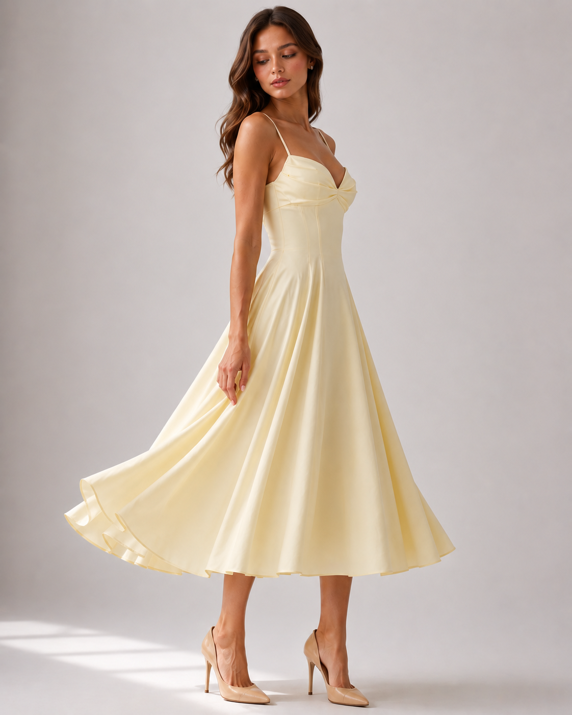 Kleid Hochzeitsgast Damen Midikleid | Spaghettiträgern, Twist-Detail & A-Linien-Rock