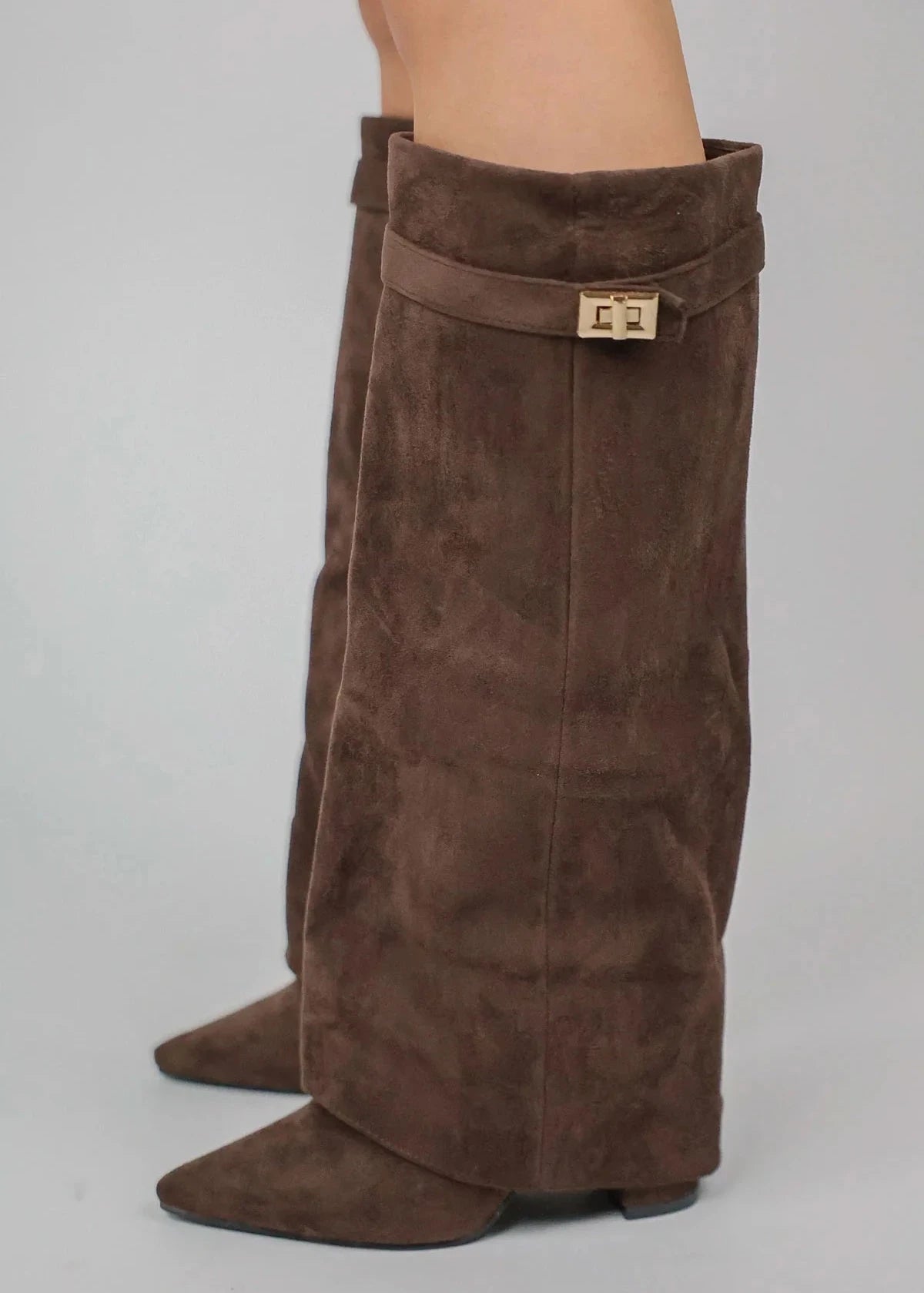 Stiefel Damen | Kniehoch mit Umschlagschaft & Golddetail