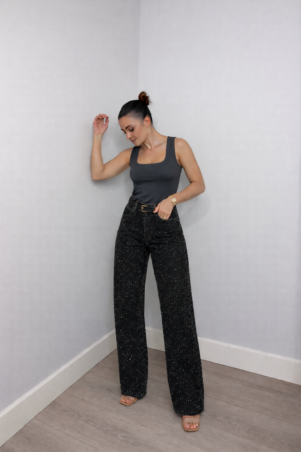Jeans Damen | High Waist mit Glitzerdetails & weitem Bein