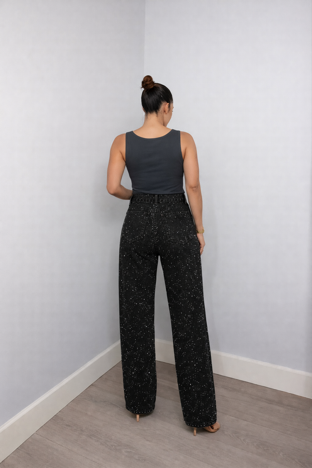 Jeans Damen | High Waist mit Glitzerdetails & weitem Bein