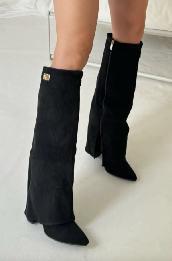 Stiefel Damen | Kniehoch mit Umschlagschaft & Golddetail