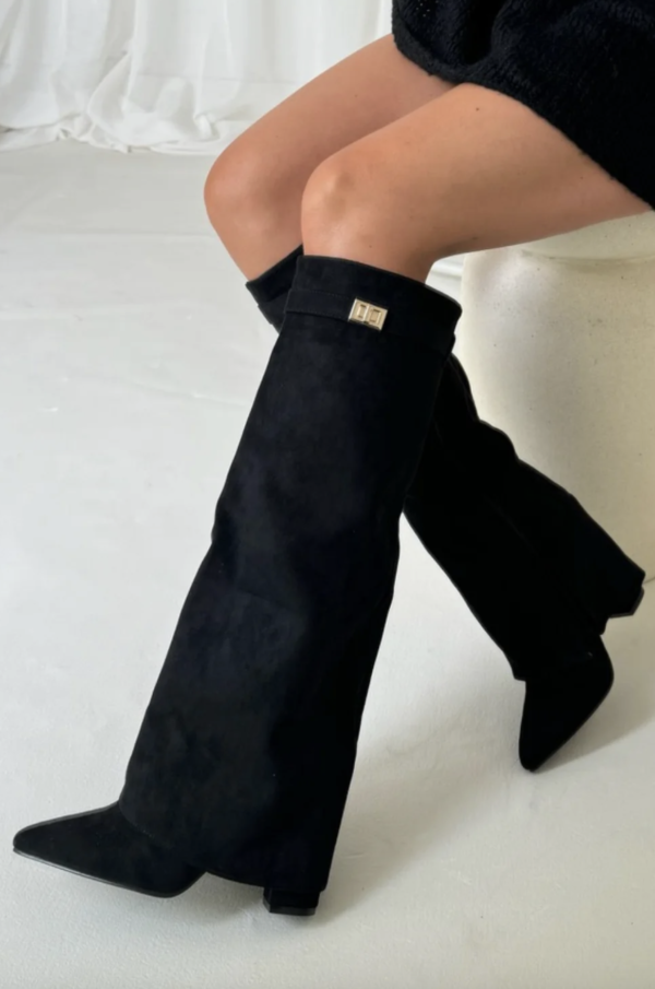 Stiefel Damen | Kniehoch mit Umschlagschaft & Golddetail