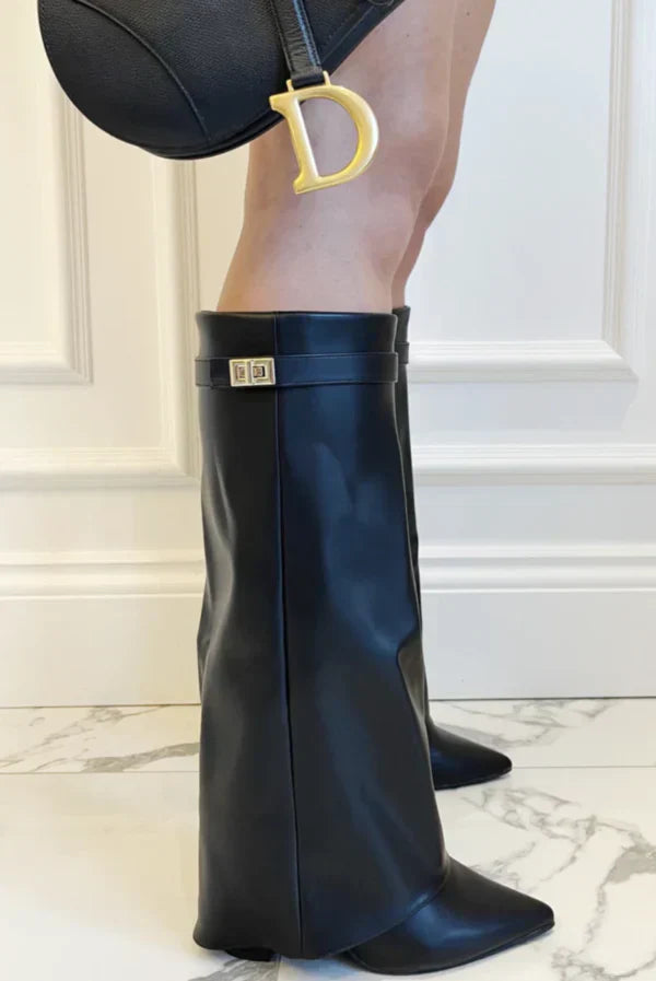 Stiefel Damen | Kniehoch mit Umschlagschaft & Golddetail