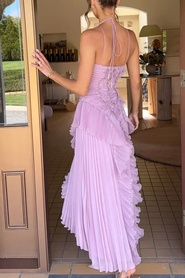 Kleid Hochzeitsgast Damen | Maxi mit Neckholder & Plissee-Rüschen
