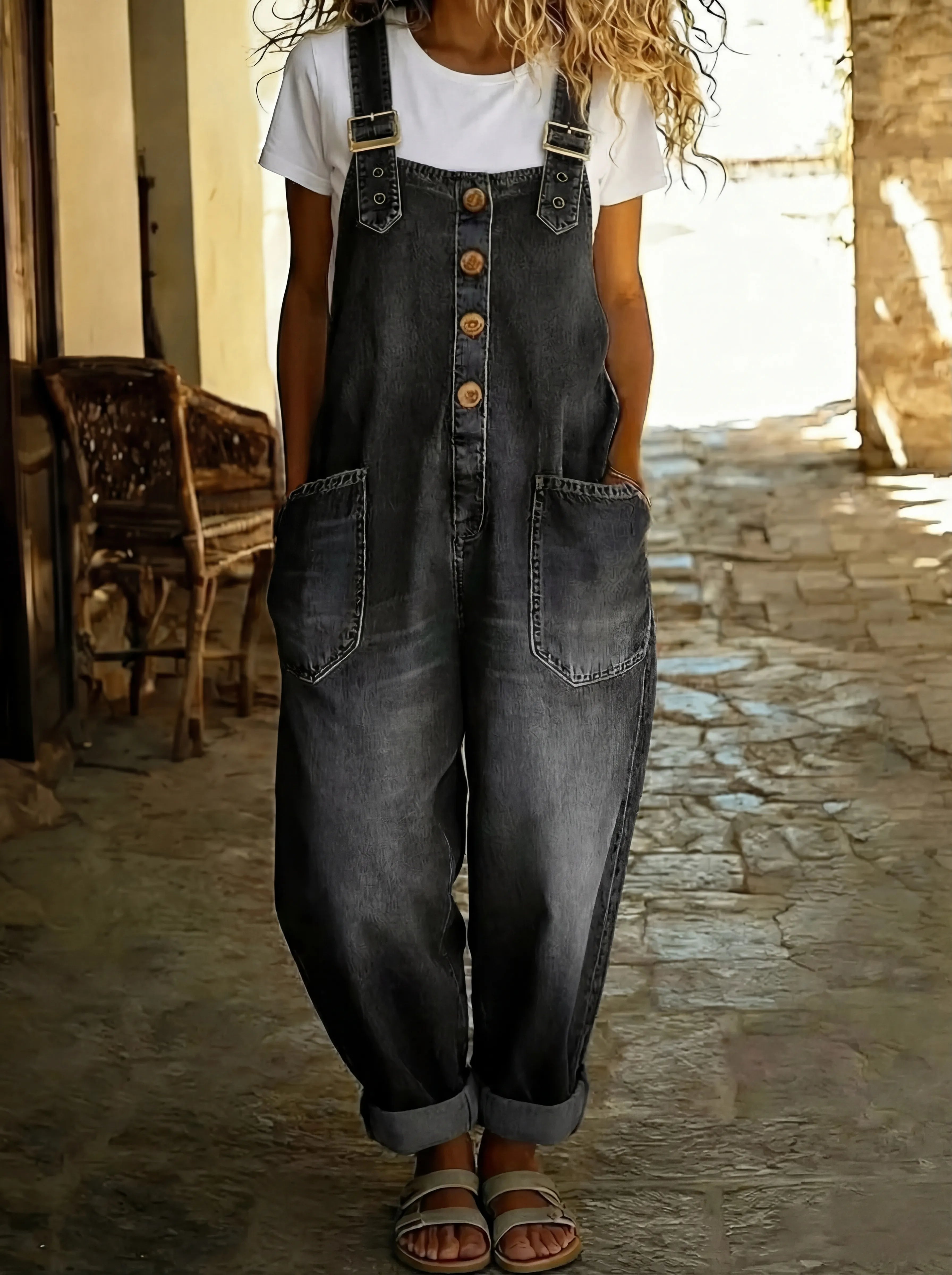 Latzhose Damen Denim | verstellbaren Trägern, Knöpfen & aufgesetzten Taschen