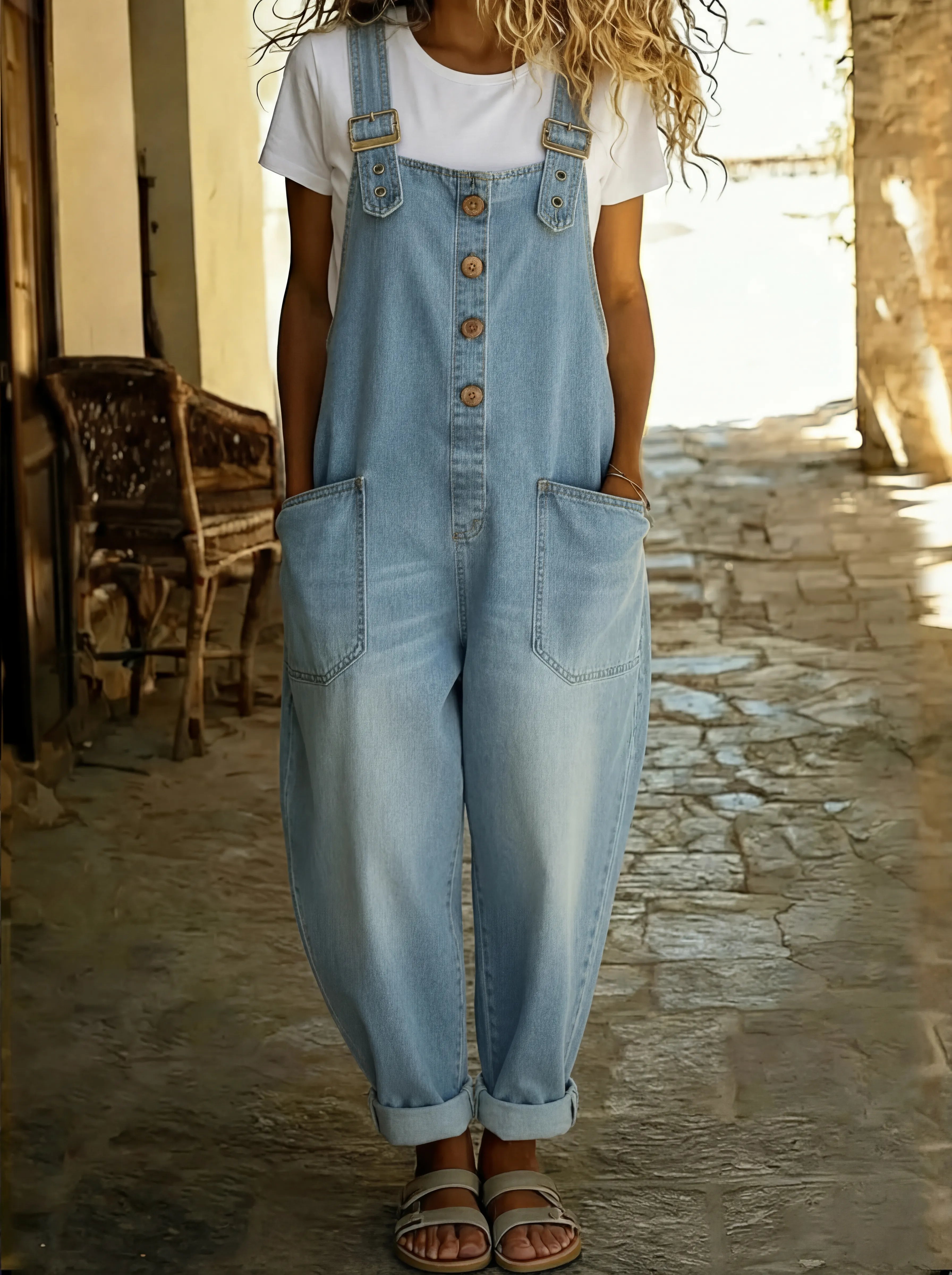 Latzhose Damen Denim | verstellbaren Trägern, Knöpfen & aufgesetzten Taschen