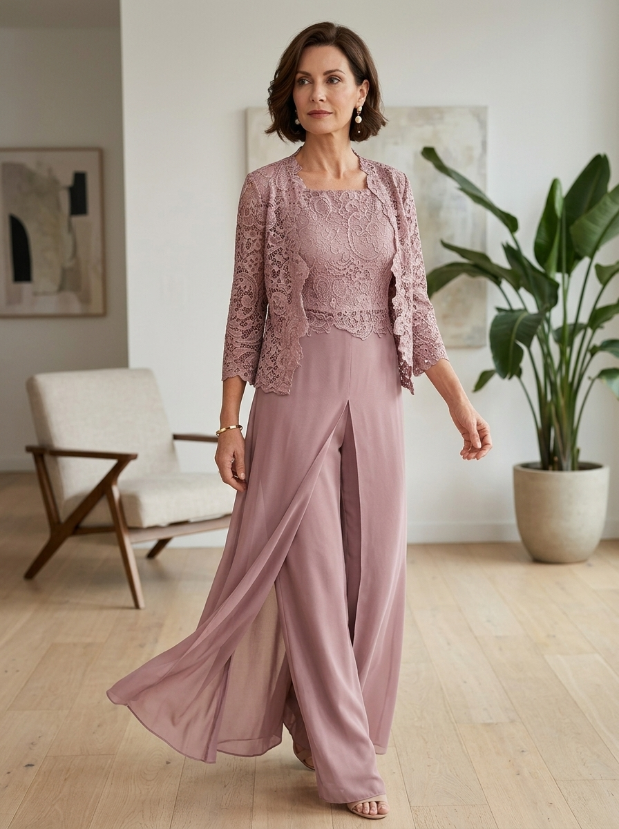 Kleid Hochzeitsgast Damen mit Spitzenjacke | 3/4-Arm Rundhals