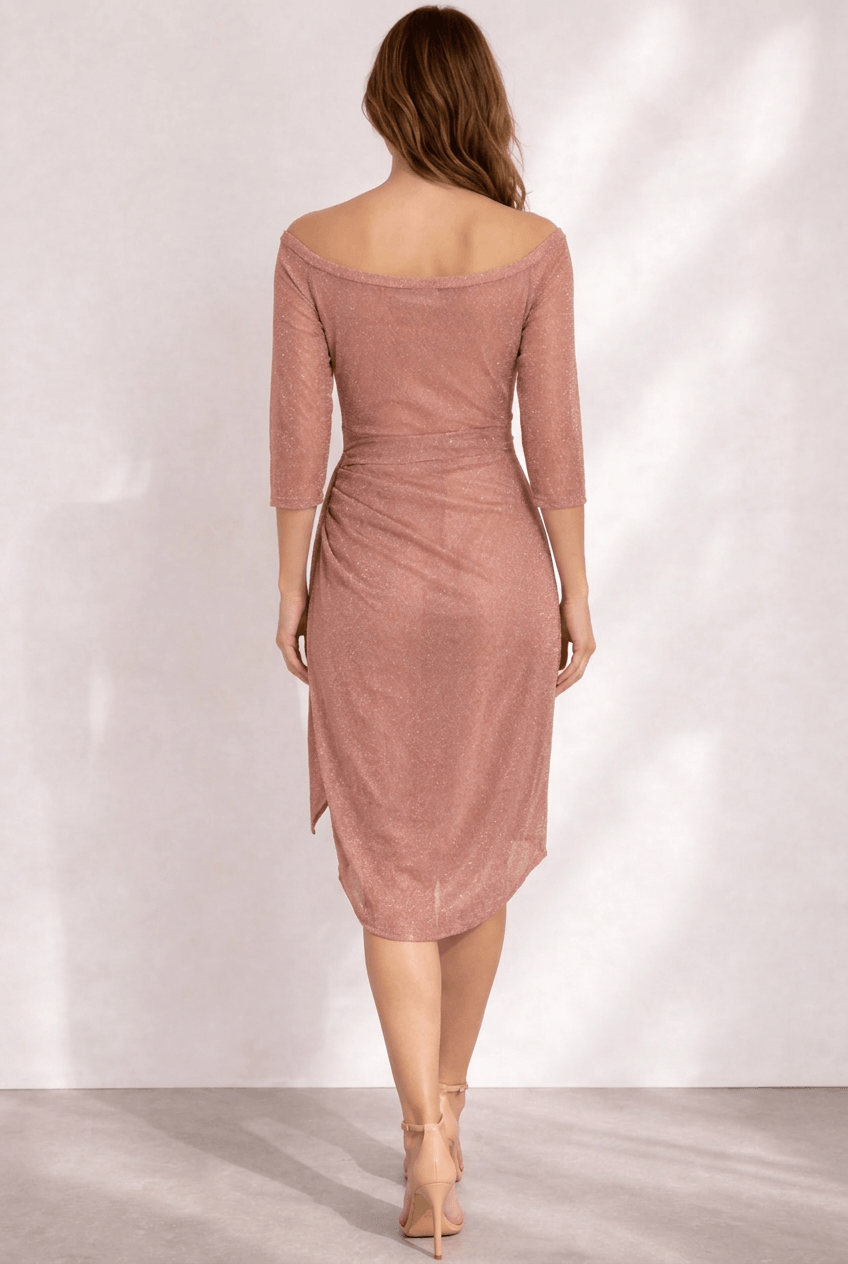 Kleid Hochzeitsgast Damen Midikleid | Off-Shoulder mit Glitzer & 3/4-Ärmeln