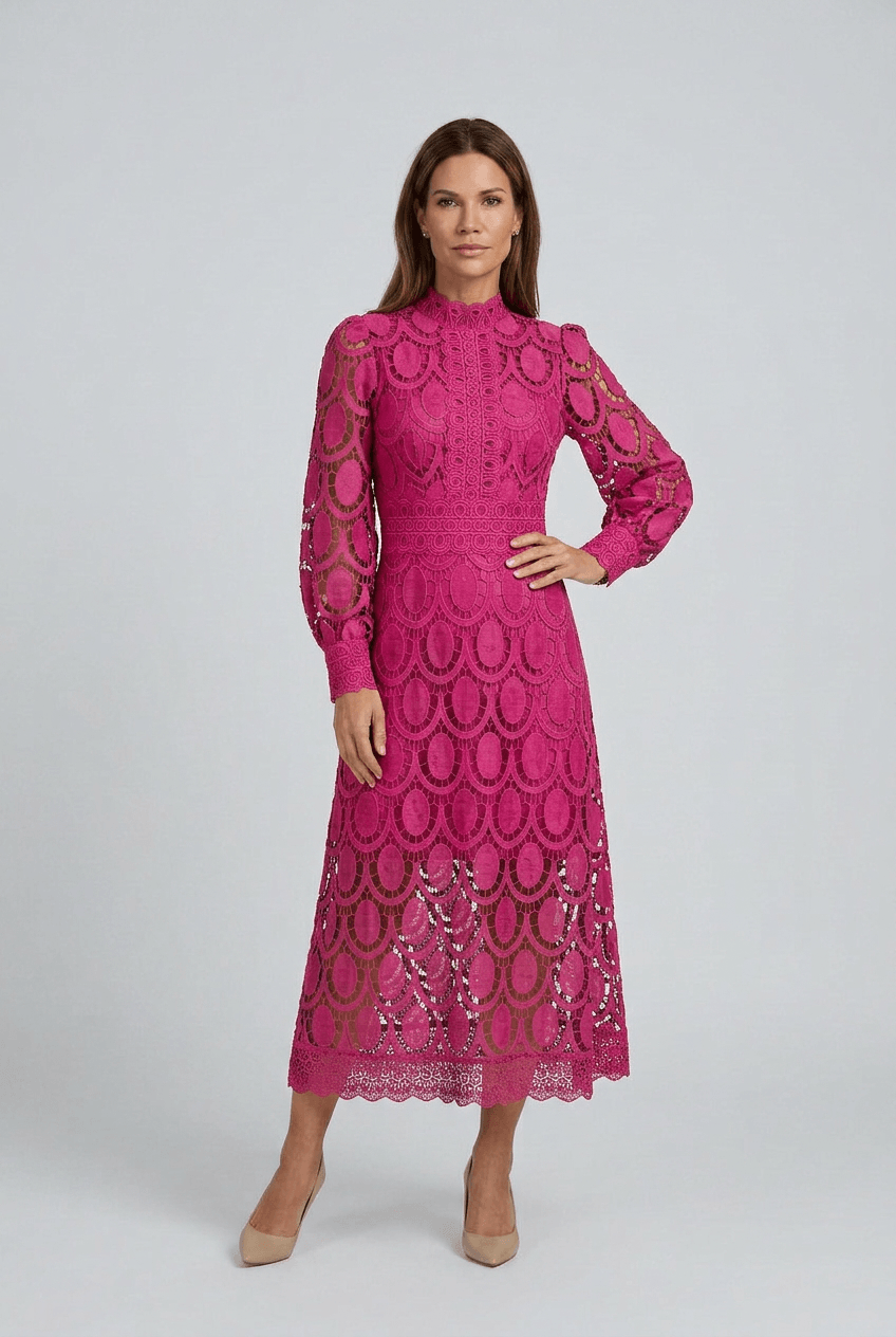 Kleid Hochzeitsgast Damen | Maxikleid aus Spitze mit Stehkragen & Puffärmeln