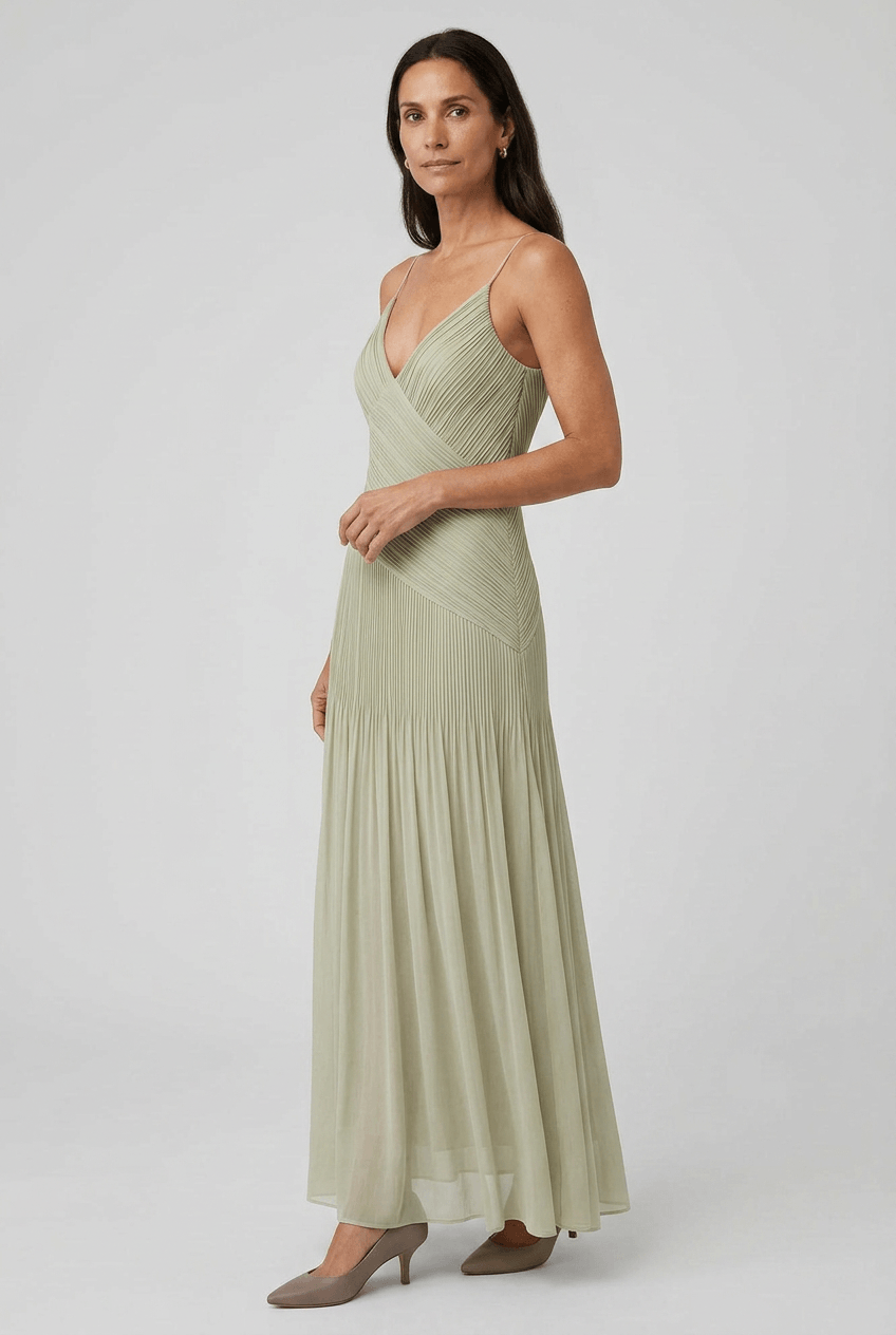 Kleid Hochzeitsgast Damen | Maxi mit Spaghettiträgern & Plissee-Falten