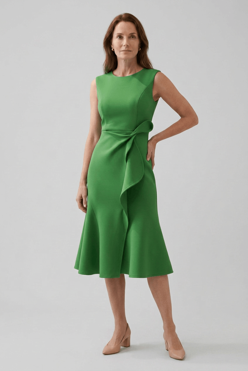 Kleid Hochzeitsgast Damen | Midi mit Kaskadenrüsche & ärmellos