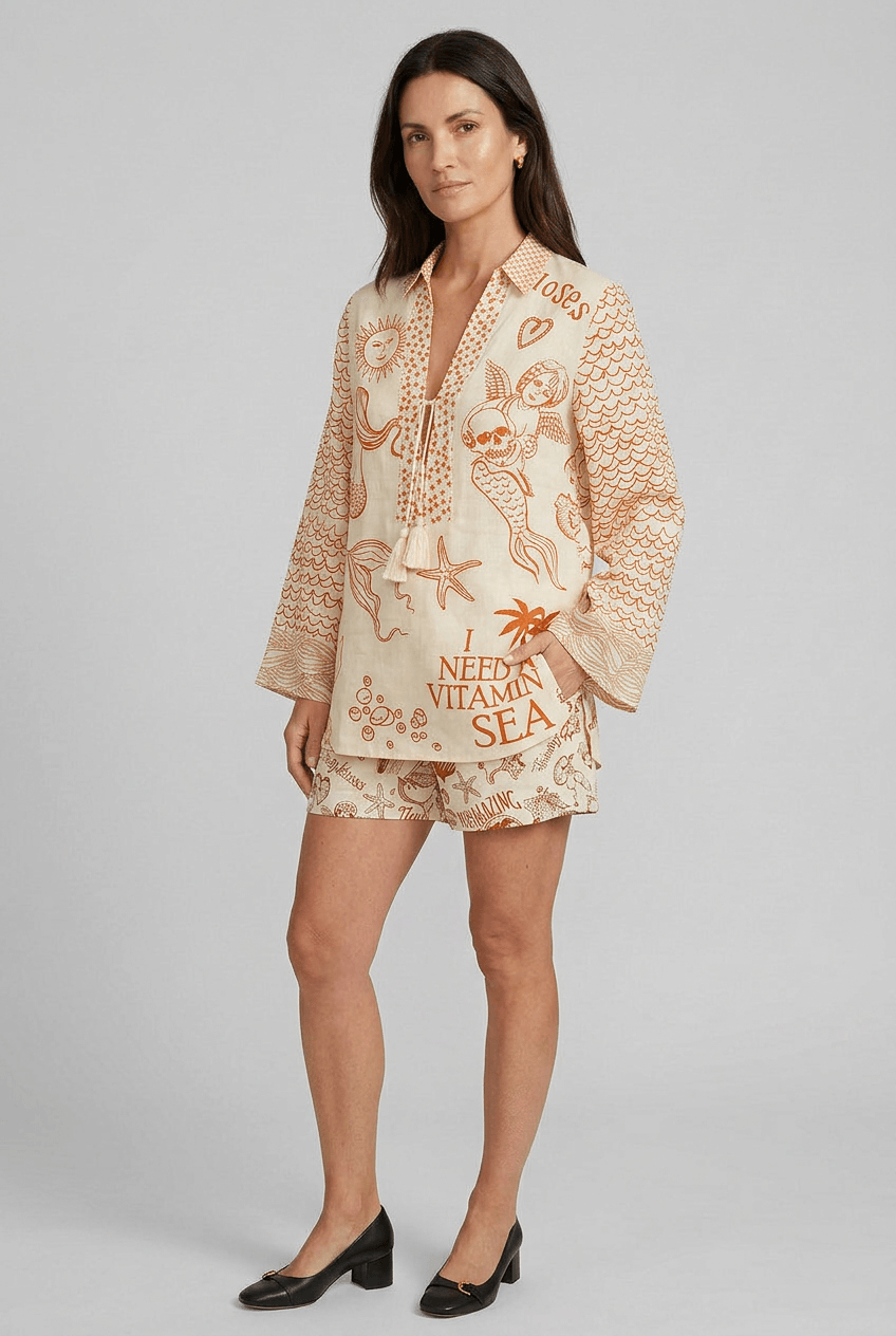 Zweiteiliges Sommerset Damen | Grafischem Print, Oversized Bluse & Shorts