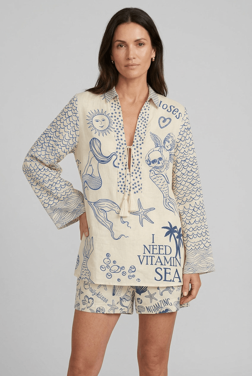 Zweiteiliges Sommerset Damen | Grafischem Print, Oversized Bluse & Shorts