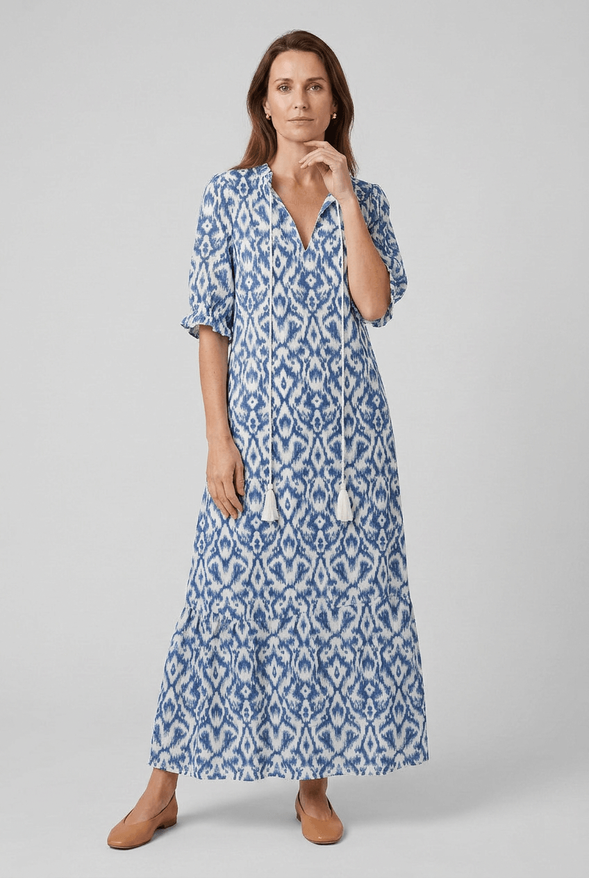 Sommerkleid Damen Maxi | Blumenprint & Kordel-V-Ausschnitt