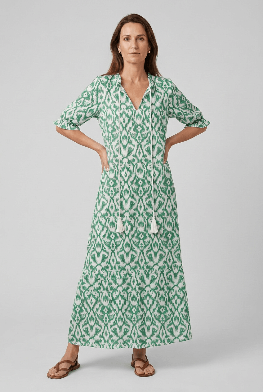 Sommerkleid Damen Maxi | Blumenprint & Kordel-V-Ausschnitt