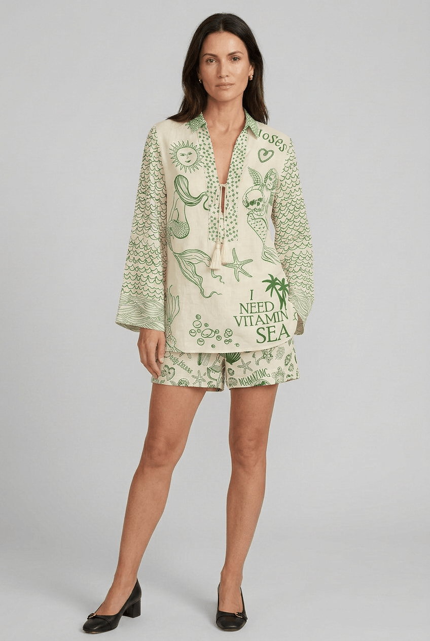 Zweiteiliges Sommerset Damen | Grafischem Print, Oversized Bluse & Shorts