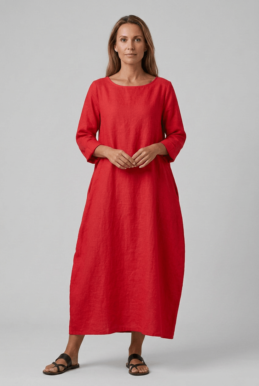 Sommerkleid Damen | Maxi mit Leinenstruktur & 3/4-Arm