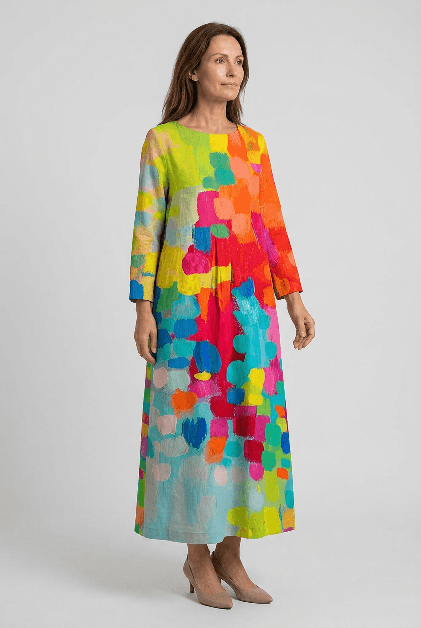 Sommerkleid Damen | Maxi mit aquarellem Print & 3/4-Arm