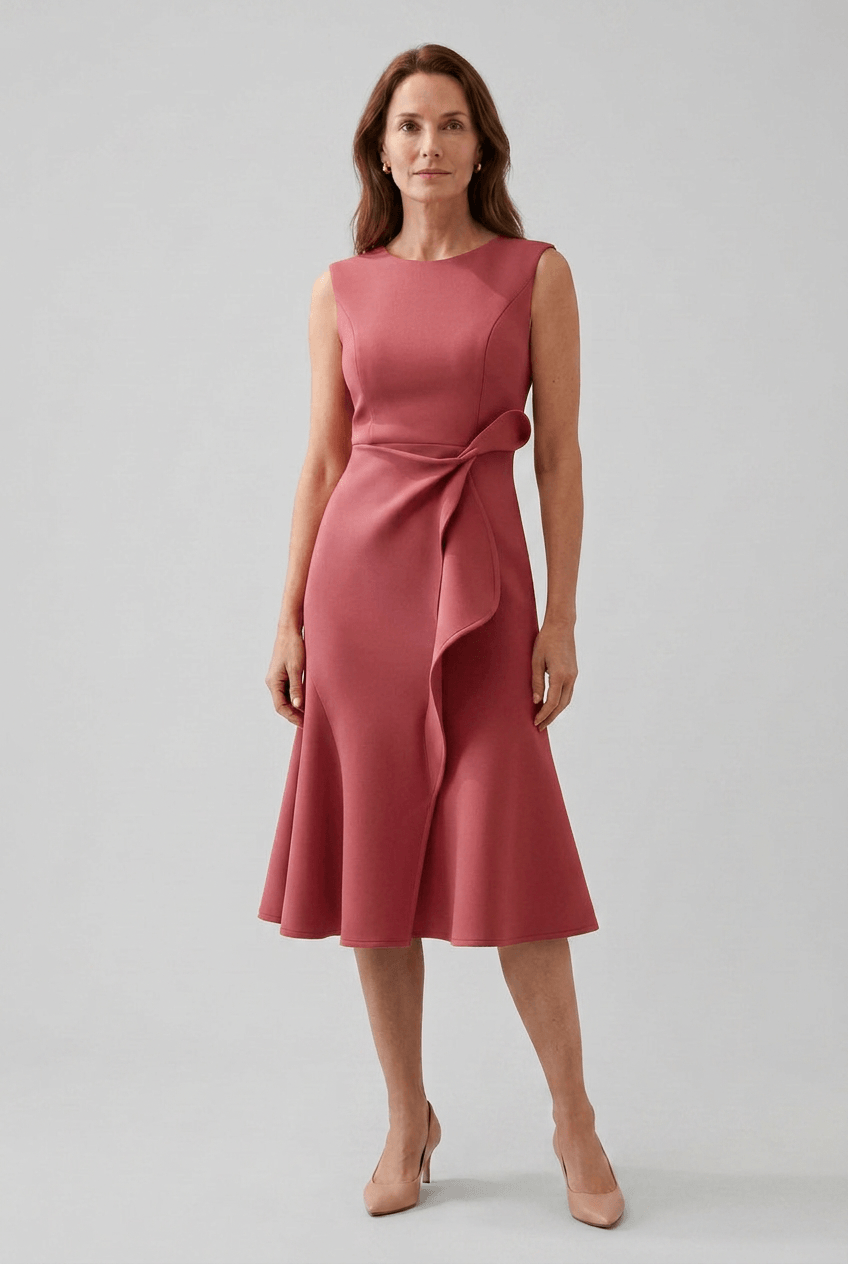 Kleid Hochzeitsgast Damen | Midi mit Kaskadenrüsche & ärmellos