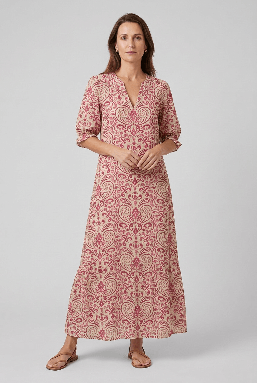 Sommerkleid Damen Maxi | Blumenprint & Kordel-V-Ausschnitt