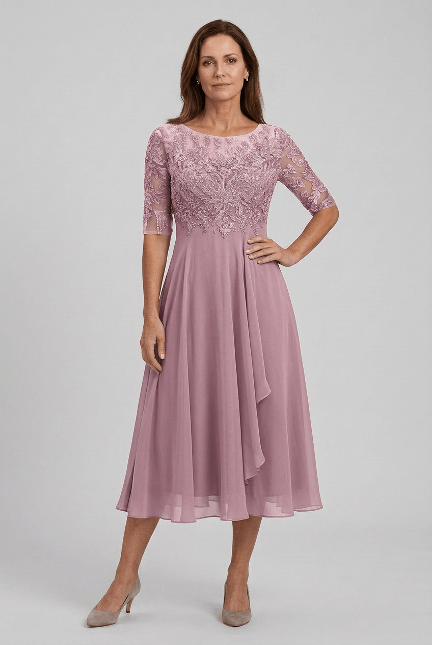 Kleid Hochzeitsgast Damen | Midi mit Spitzenoberteil & 3/4-Arm