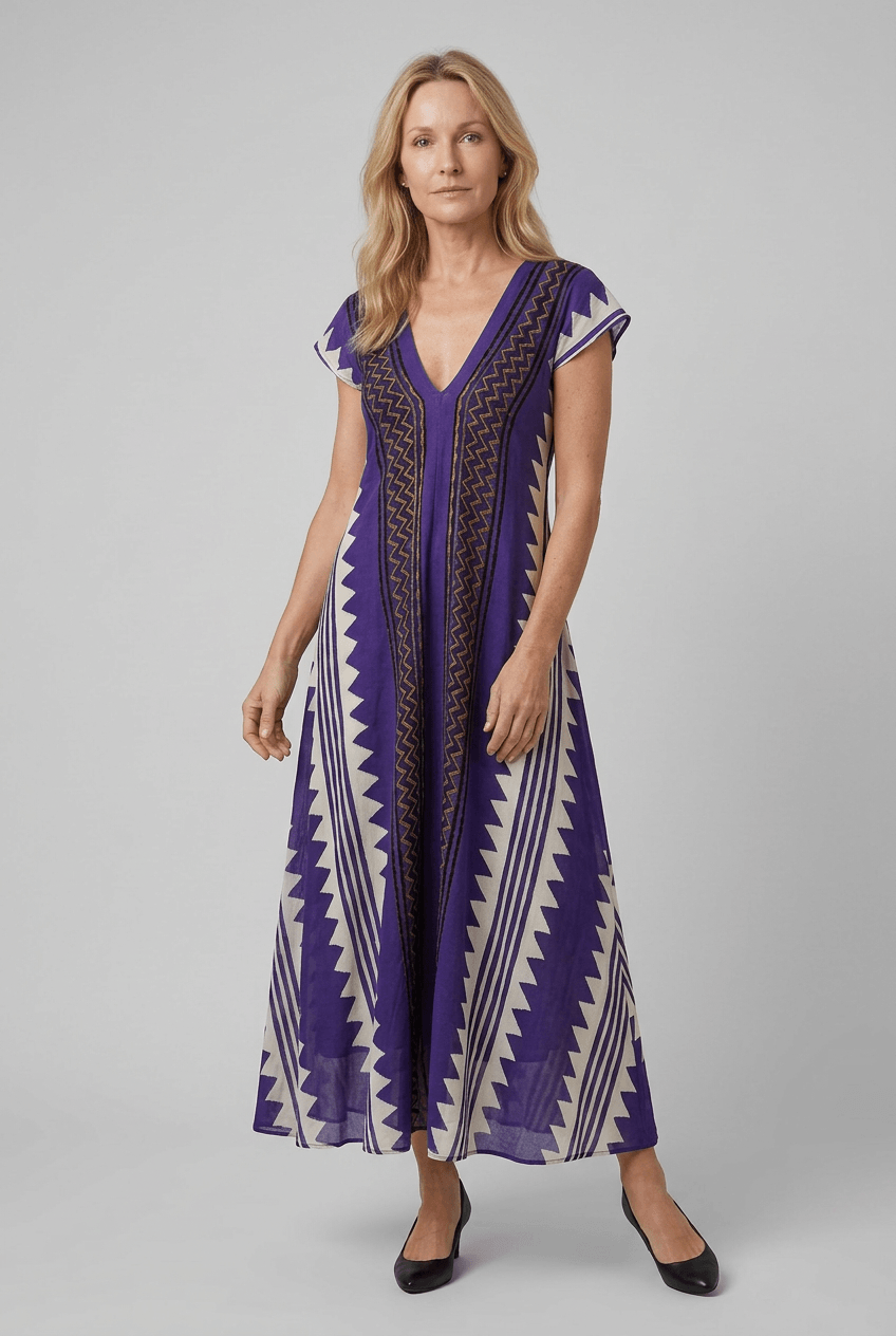 Sommerkleid Damen | Maxi mit geometrischem Muster & V-Ausschnitt