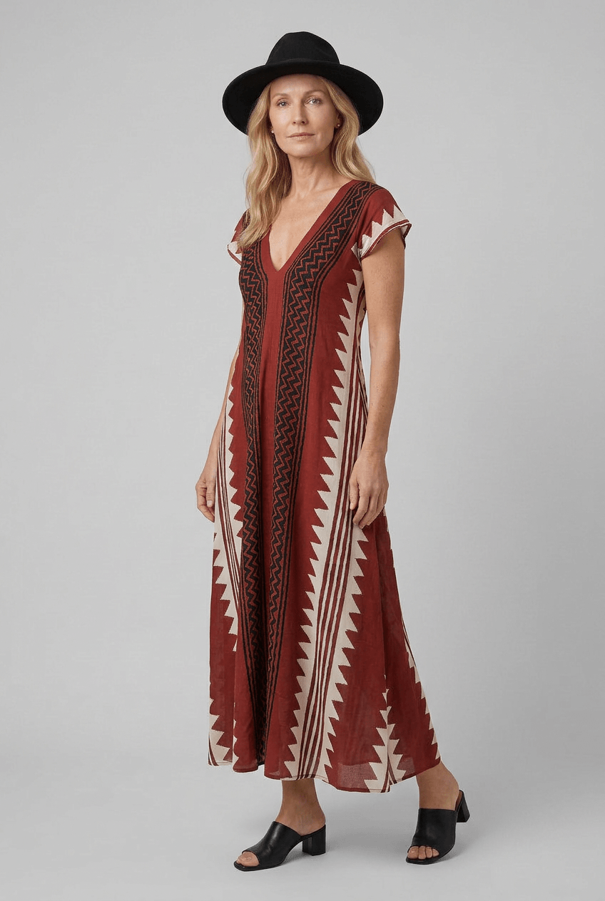 Sommerkleid Damen | Maxi mit geometrischem Muster & V-Ausschnitt