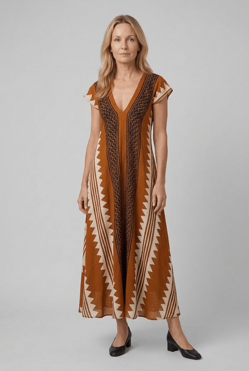 Sommerkleid Damen | Maxi mit geometrischem Muster & V-Ausschnitt