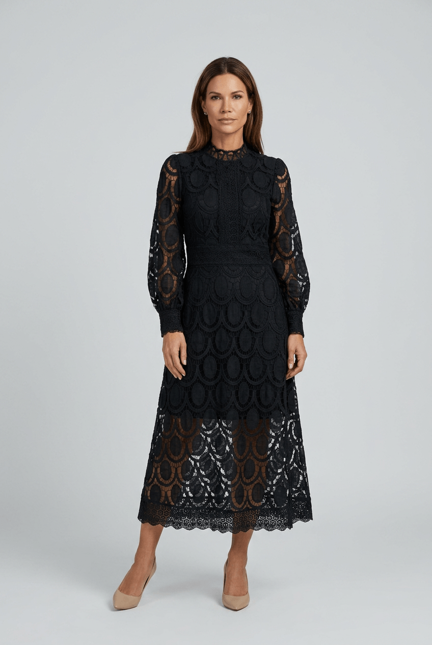 Kleid Hochzeitsgast Damen | Maxikleid aus Spitze mit Stehkragen & Puffärmeln