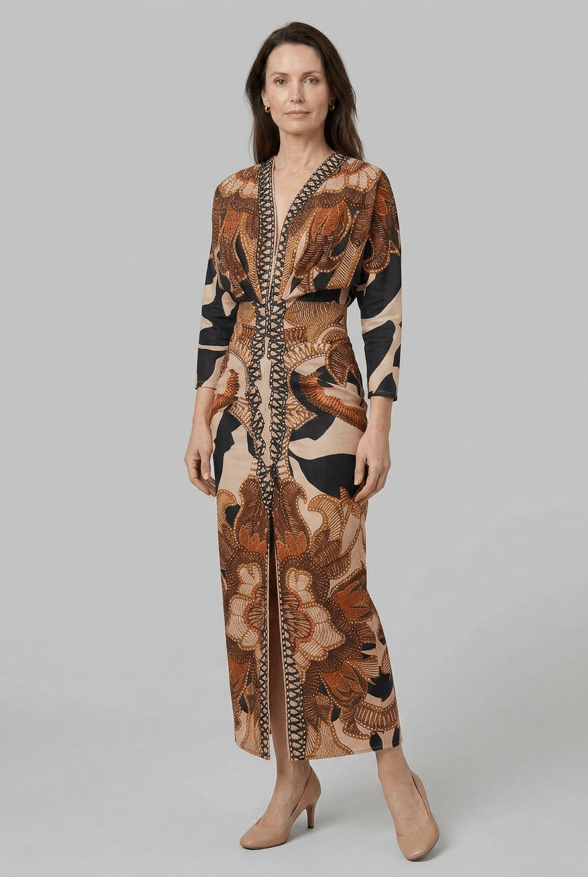 Abendkleid Damen | Maxi mit Schnürung & ethnischem Print